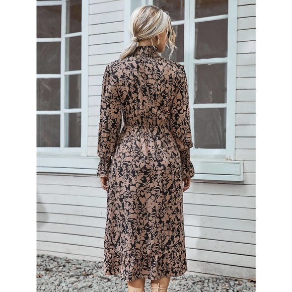 ❗️ Floral Print Shirred long Sleeve Ruffle Hem midi Dress tan black boho - Picture 2 of 7